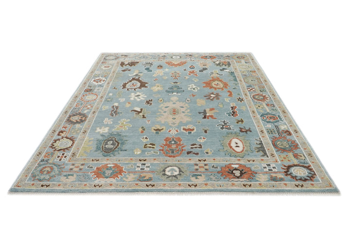 9x12 Blue, Ivory, Taupe Color Hand Knotted Oushak Wool Arts and Crafts Oriental Rug