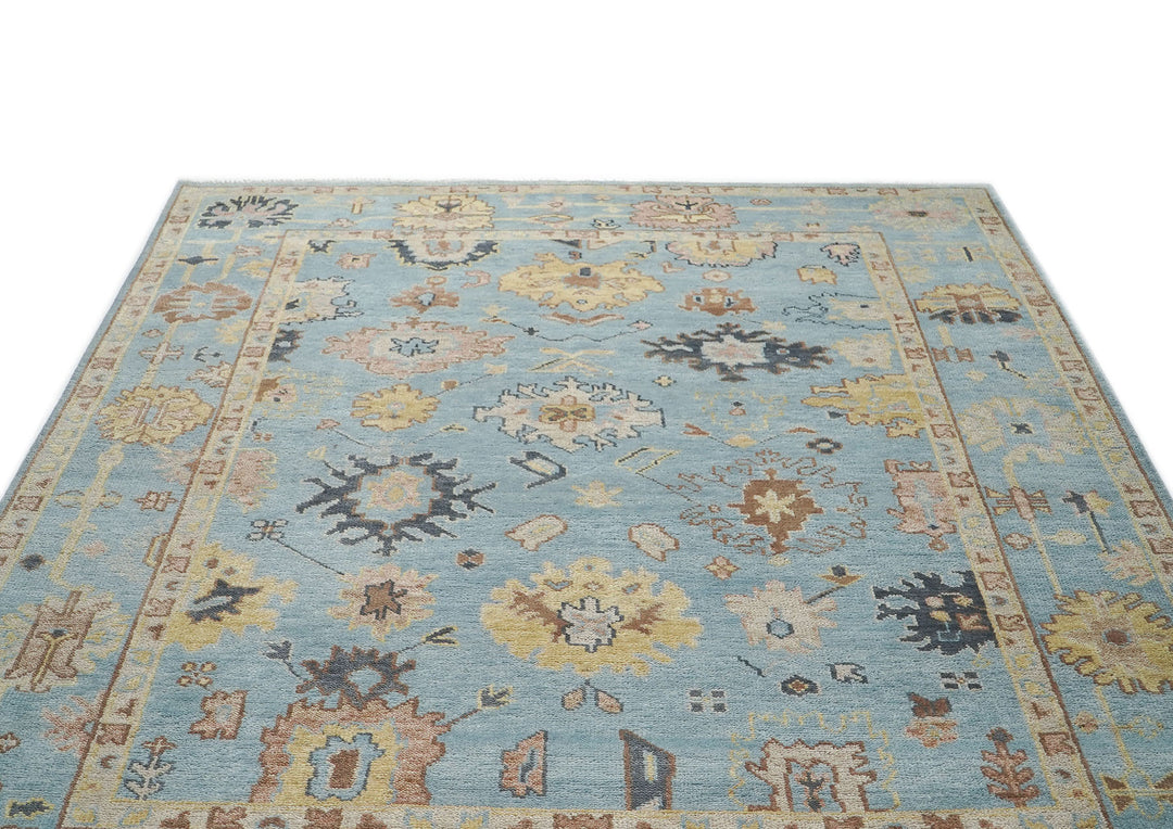 9x12 Blue, Beige, Light Gold Color Hand Knotted Oushak Wool  Oriental Rug