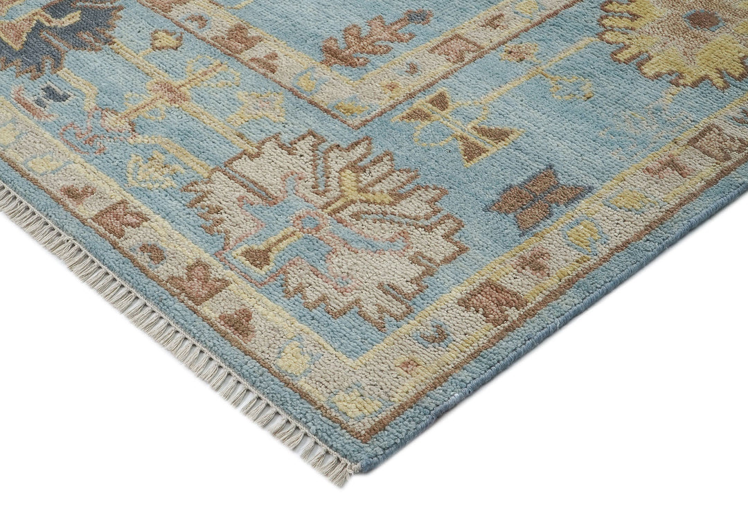 9x12 Blue, Beige, Light Gold Color Hand Knotted Oushak Wool Arts and Crafts Oriental Rug