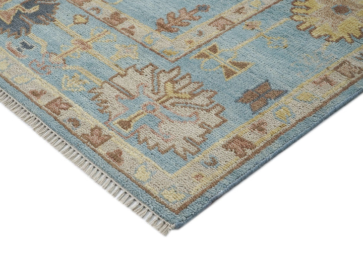 9x12 Blue, Beige, Light Gold Color Hand Knotted Oushak Wool Arts and Crafts Oriental Rug