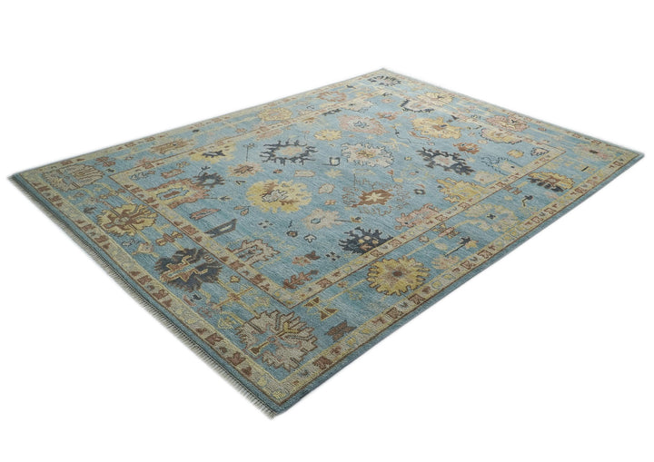 9x12 Blue, Beige, Light Gold Color Hand Knotted Oushak Wool Arts and Crafts Oriental Rug