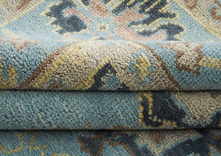 9x12 Blue, Beige, Light Gold Color Hand Knotted Oushak Wool Arts and Crafts Oriental Rug