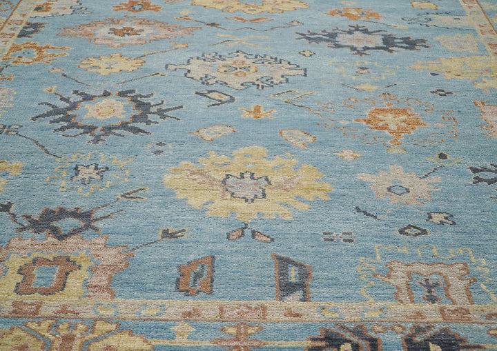 9x12 Blue, Light Gold, Rose Color Hand Knotted Oushak Wool  Oriental Rug