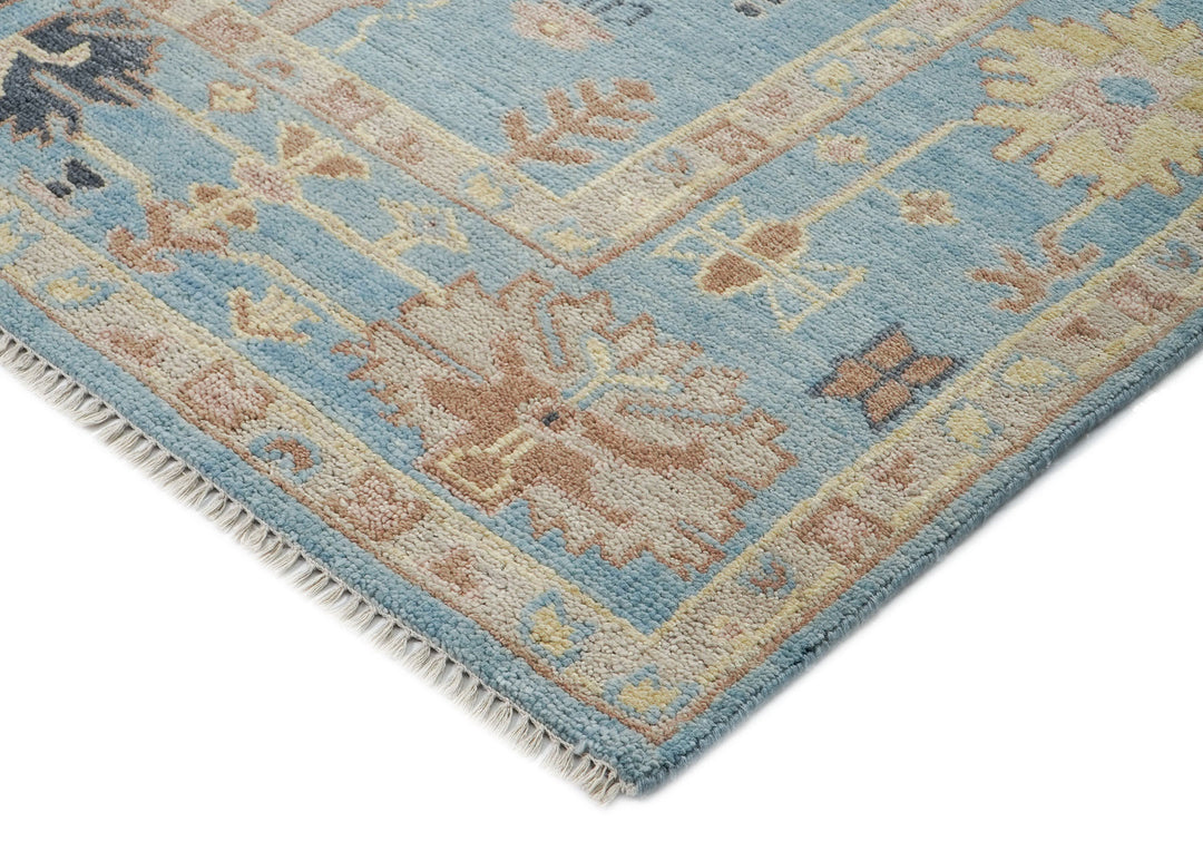 9x12 Blue, Light Gold, Rose Color Hand Knotted Oushak Wool Arts and Crafts Oriental Rug