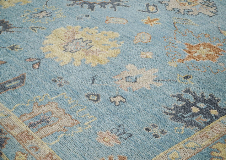 9x12 Blue, Light Gold, Rose Color Hand Knotted Oushak Wool  Oriental Rug