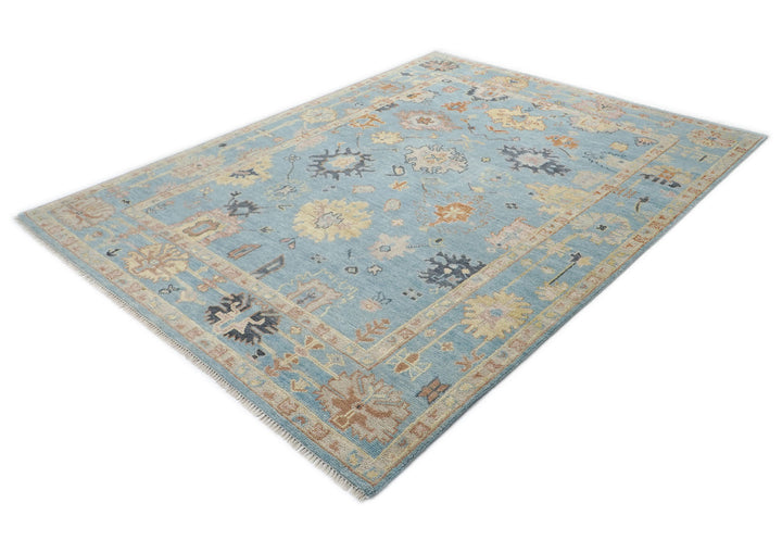 9x12 Blue, Light Gold, Rose Color Hand Knotted Oushak Wool Arts and Crafts Oriental Rug