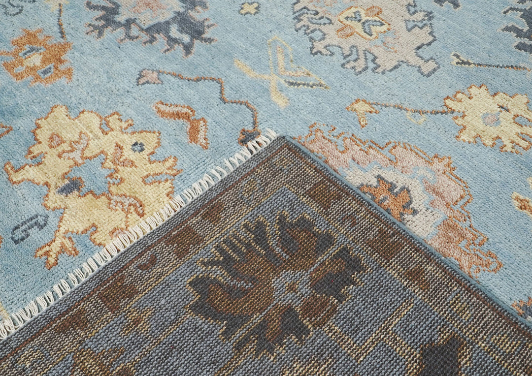 9x12 Blue, Light Gold, Rose Color Hand Knotted Oushak Wool Arts and Crafts Oriental Rug