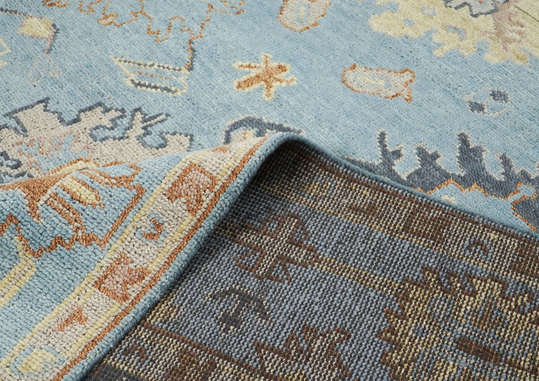 9x12 Blue, Light Gold, Rose Color Hand Knotted Oushak Wool Arts and Crafts Oriental Rug