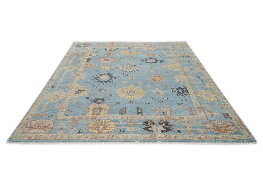 9x12 Blue, Light Gold, Rose Color Hand Knotted Oushak Wool  Oriental Rug