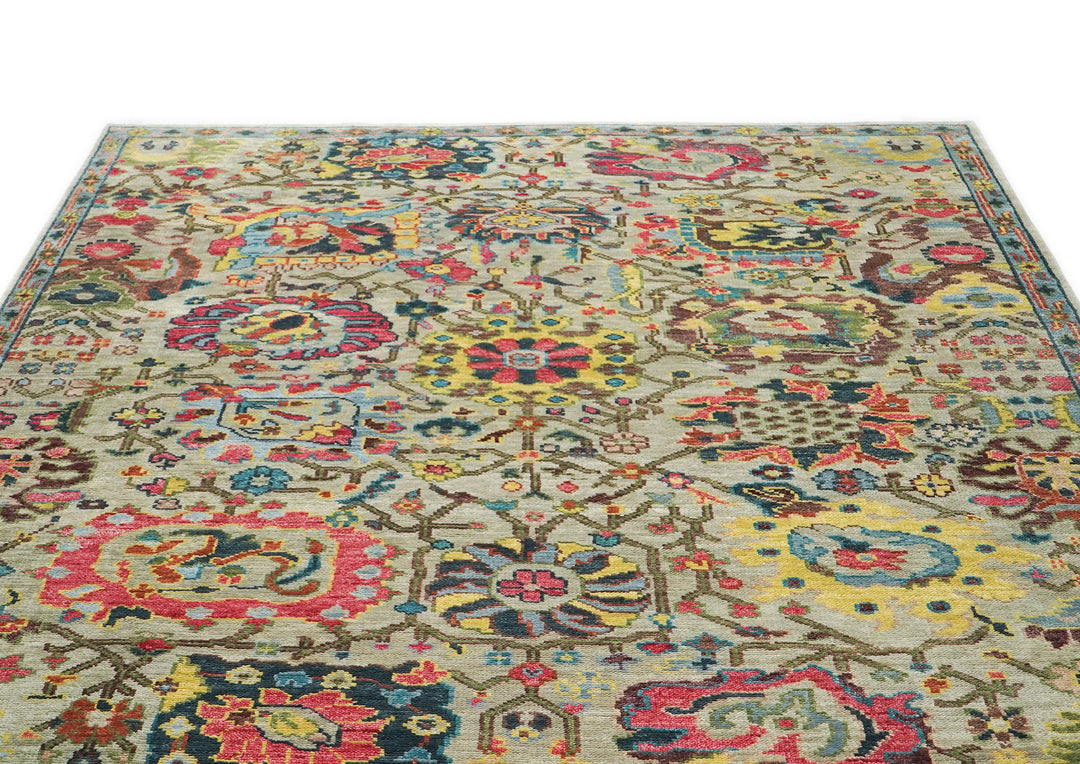 9x12 Mint, Gold, Lime Color Hand Knotted Oushak Wool Arts and Crafts Oriental Rug