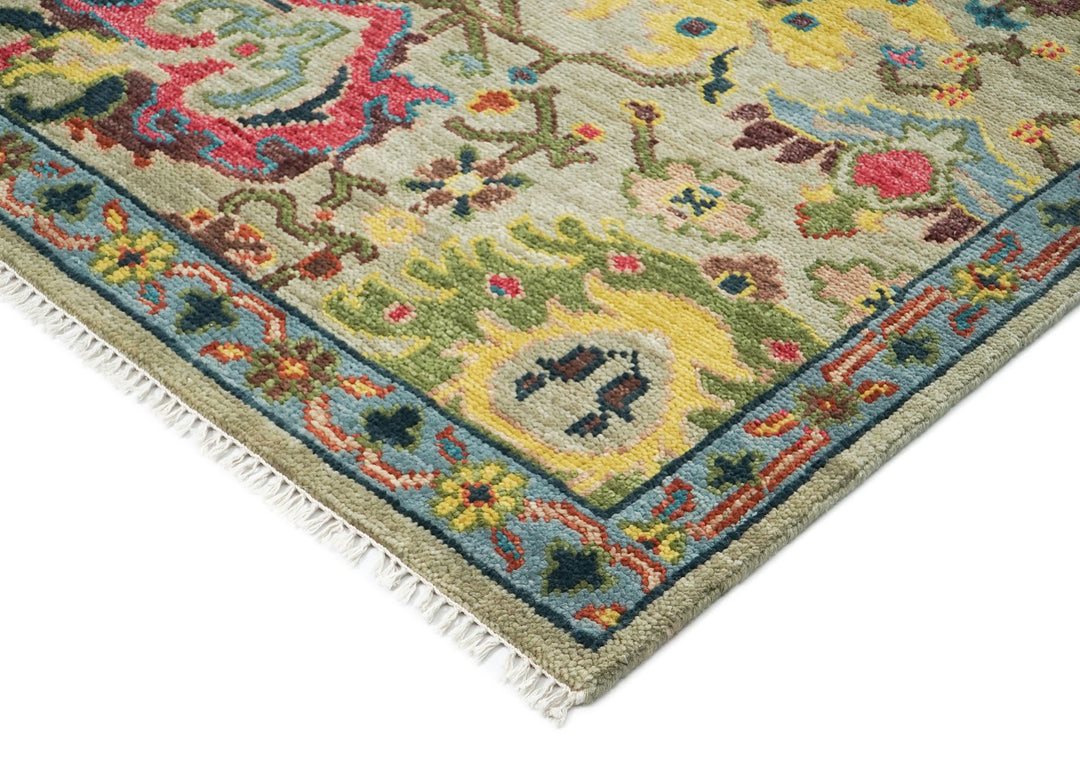 9x12 Mint, Gold, Lime Color Hand Knotted Oushak Wool Arts and Crafts Oriental Rug