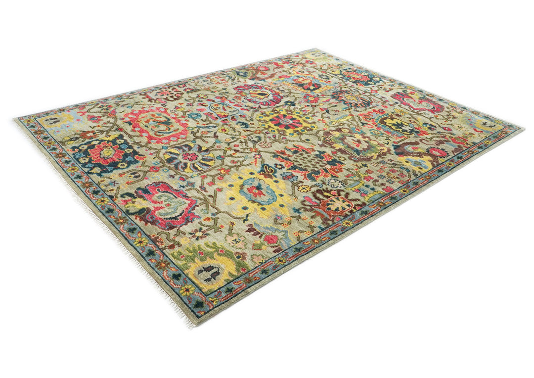 9x12 Mint, Gold, Lime Color Hand Knotted Oushak Wool Arts and Crafts Oriental Rug