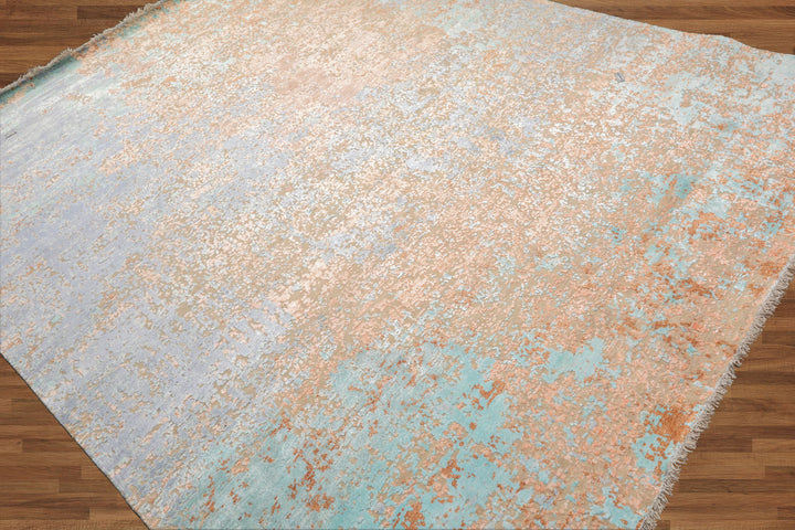 Celeste Rugs 8x10 Sherpa Hand Knotted Wool & Silk Oriental Area Rug Aqua & Tan Modern Contemporary Design