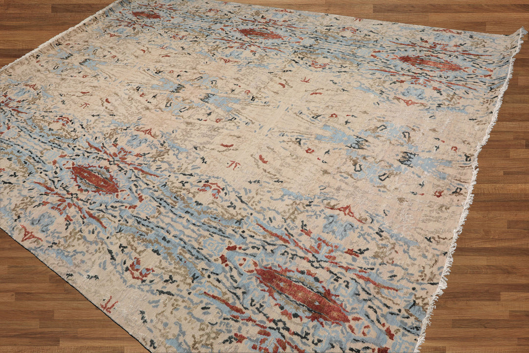 Celeste Rugs 9x12 Sherpa Hand Knotted Oriental Area Rug Crafted with Wool & Silk Beige & Blue Modern Contemporary Look