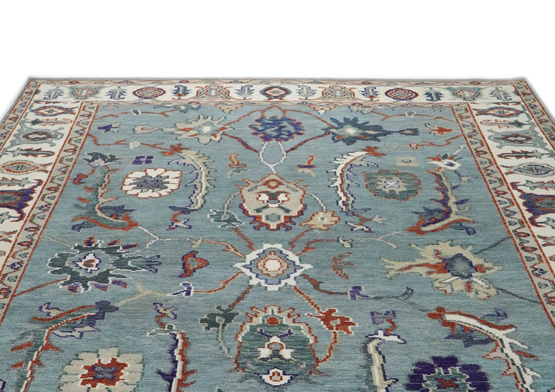 9x12 Blue, Ivory, Burnt Orange Color Hand Knotted Oushak Wool Transitional Oriental Rug