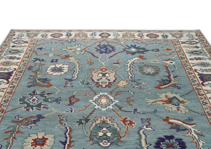 9x12 Blue, Ivory, Burnt Orange Color Hand Knotted Oushak Wool Transitional Oriental Rug