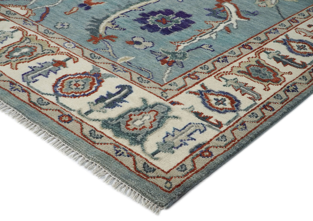 9x12 Blue, Ivory, Burnt Orange Color Hand Knotted Oushak Wool Transitional Oriental Rug