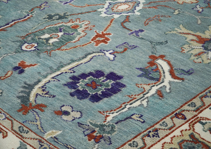 9x12 Blue, Ivory, Burnt Orange Color Hand Knotted Oushak Wool Transitional Oriental Rug