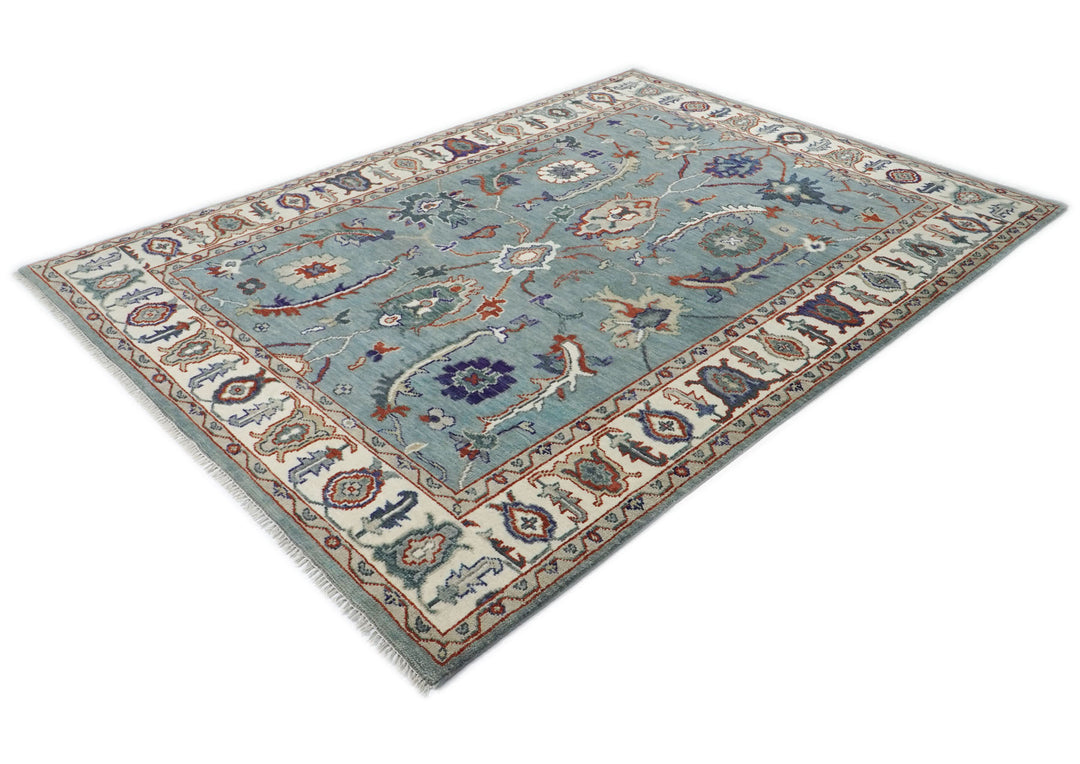 9x12 Blue, Ivory, Burnt Orange Color Hand Knotted Oushak Wool Transitional Oriental Rug