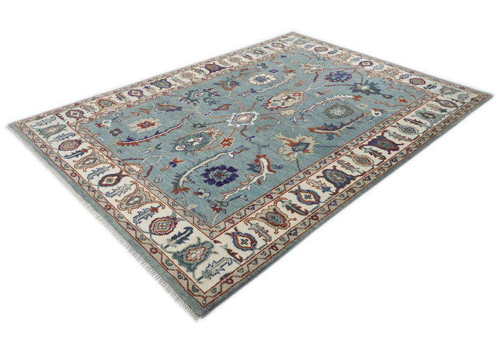 9x12 Blue, Ivory, Burnt Orange Color Hand Knotted Oushak Wool Transitional Oriental Rug