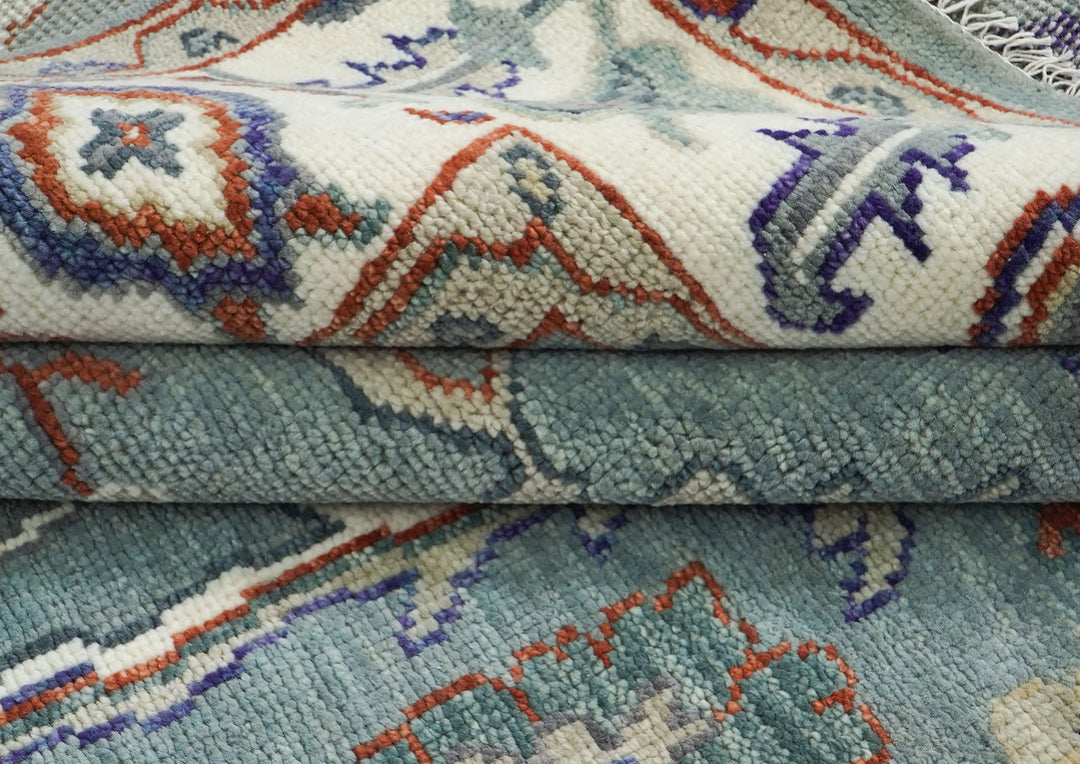 9x12 Blue, Ivory, Burnt Orange Color Hand Knotted Oushak Wool Transitional Oriental Rug