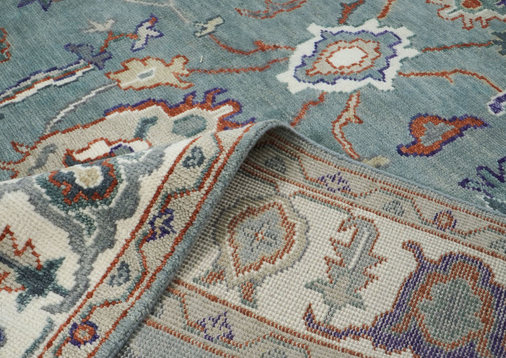 9x12 Blue, Ivory, Burnt Orange Color Hand Knotted Oushak Wool Transitional Oriental Rug