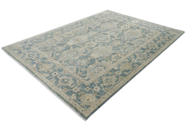 9x12 Blue, Slate, Beige Color Hand Knotted Oushak Wool Transitional Oriental Rug