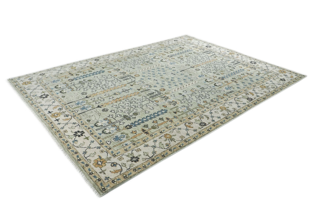 10x14 Mint, Ivory, Blue Color Hand Knotted Oushak Wool Transitional Oriental Rug