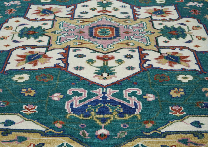 9x12 Teal, Ivory, Green Color Hand Knotted Oushak Wool  Oriental Rug