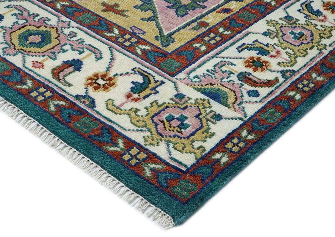 9x12 Teal, Ivory, Green Color Hand Knotted Oushak Wool  Oriental Rug