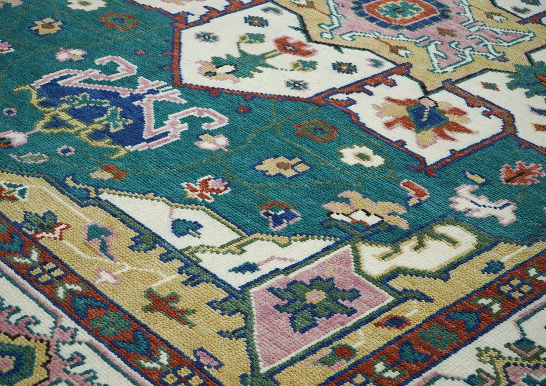 9x12 Teal, Ivory, Green Color Hand Knotted Oushak Wool  Oriental Rug