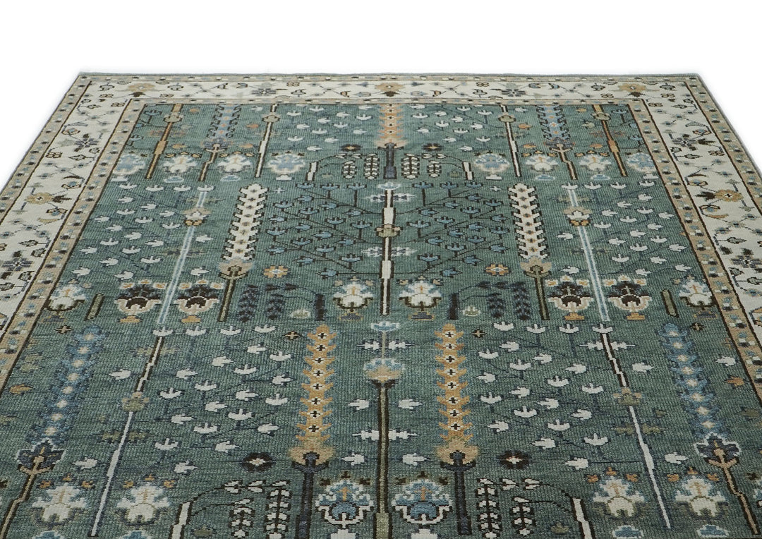 9x12 Celadon, Beige, Brown Color Hand Knotted Oushak Wool Transitional Oriental Rug