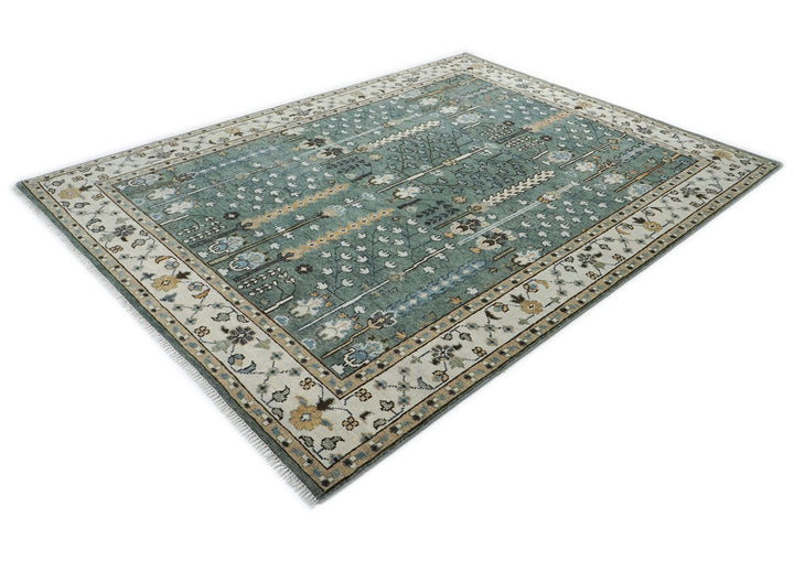 9x12 Celadon, Beige, Brown Color Hand Knotted Oushak Wool Transitional Oriental Rug