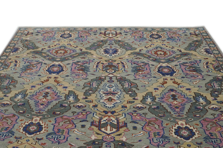 9x12 Gray, Tan, Rose Color Hand Knotted Oushak Wool  Oriental Rug