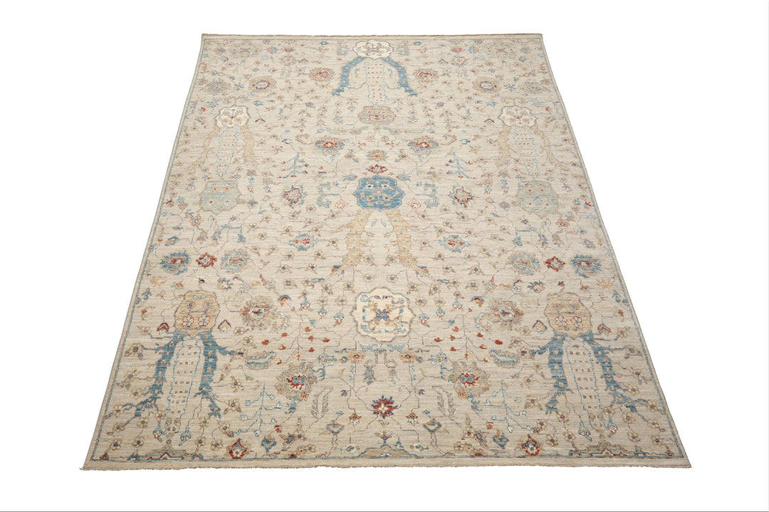 Celeste Rug 8'x10' Beige 100% Wool Khyber Rug Hand-Knotted Traditional Oriental Design