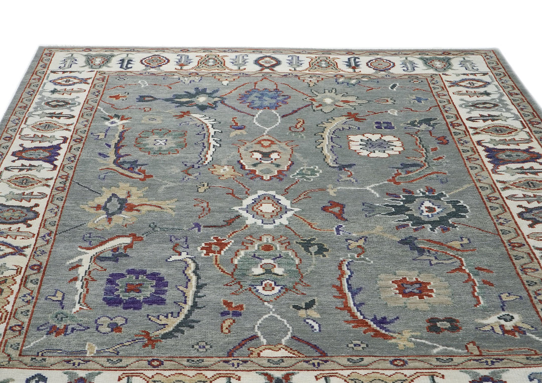 9x12 Slate, Ivory, Rust Color Hand Knotted Oushak Wool Transitional Oriental Rug
