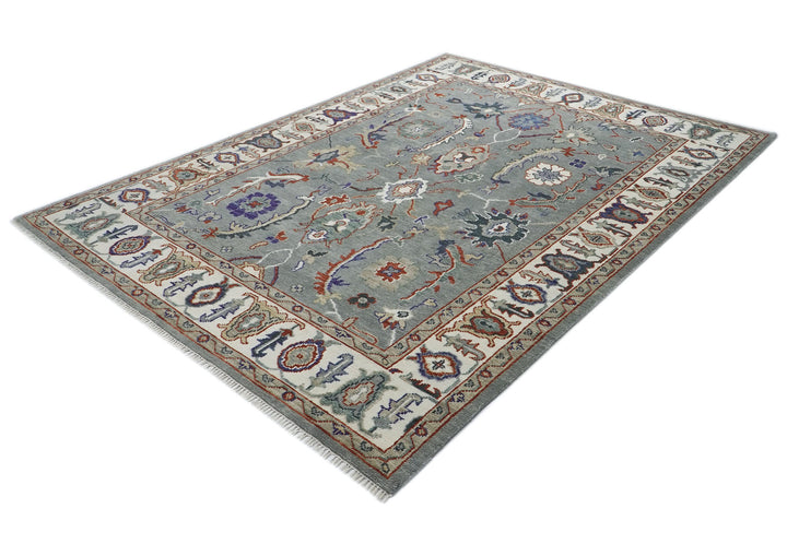 9x12 Slate, Ivory, Rust Color Hand Knotted Oushak Wool Transitional Oriental Rug