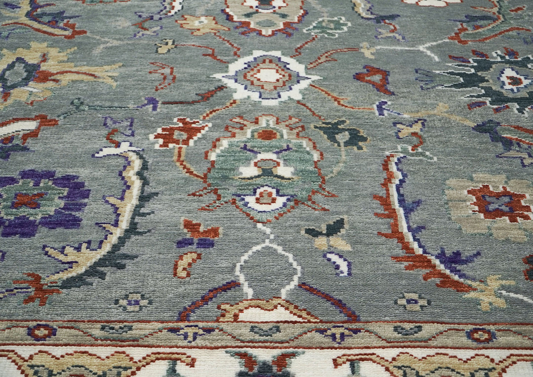 9x12 Slate, Ivory, Rust Color Hand Knotted Oushak Wool Transitional Oriental Rug