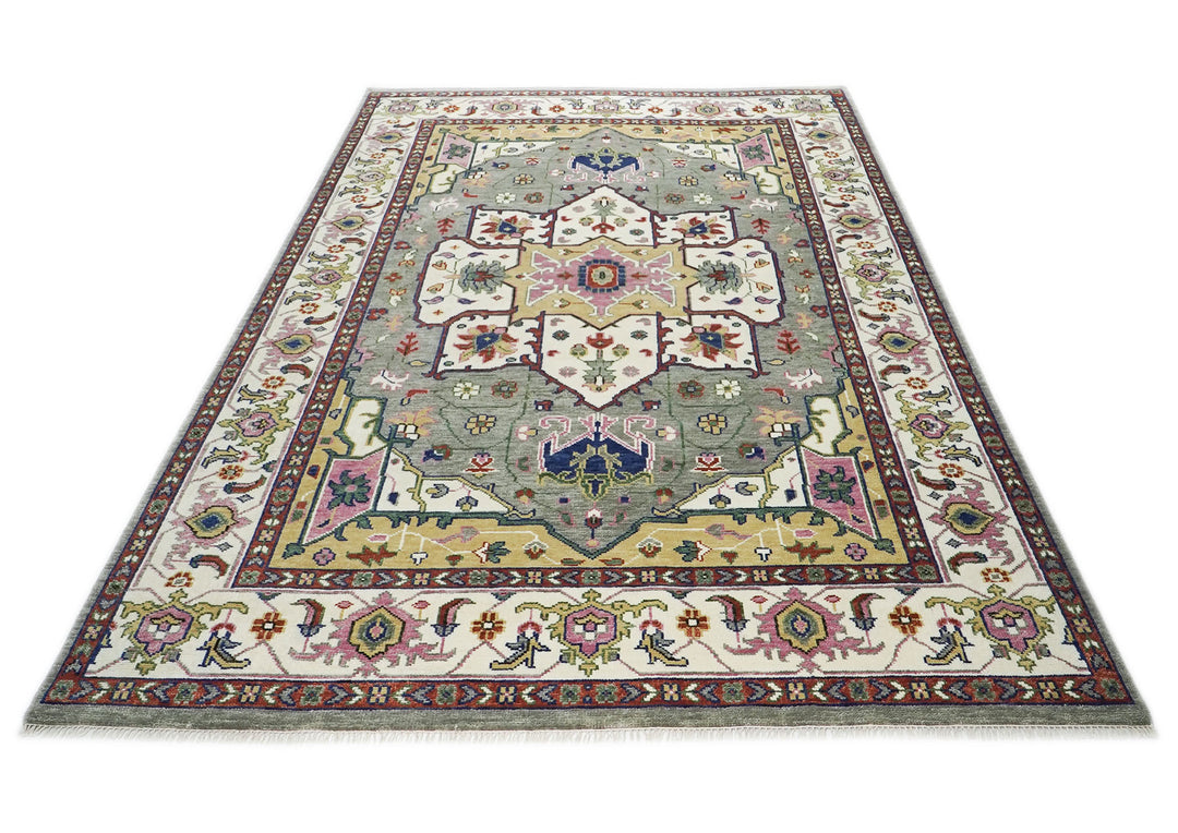 10x14 Ivory, Gray, Rust Color Hand Knotted Oushak Wool  Oriental Rug