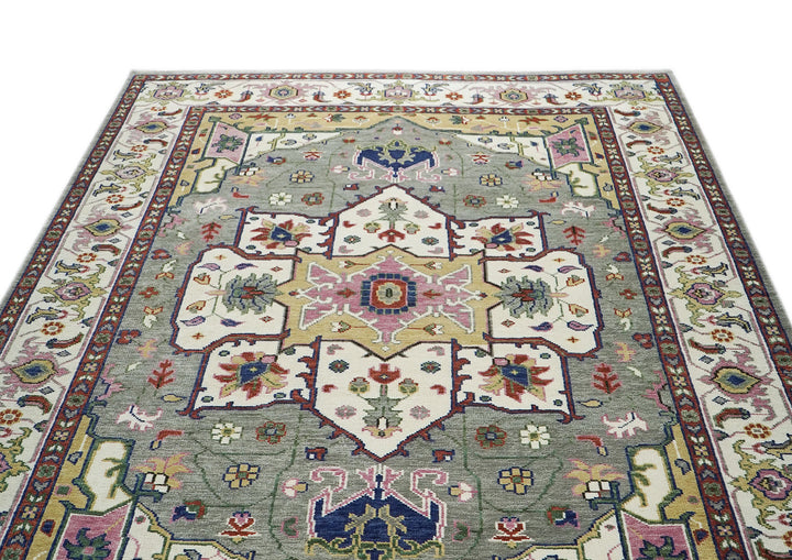 10x14 Ivory, Gray, Rust Color Hand Knotted Oushak Wool  Oriental Rug