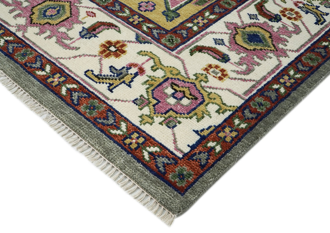 10x14 Ivory, Gray, Rust Color Hand Knotted Oushak Wool  Oriental Rug