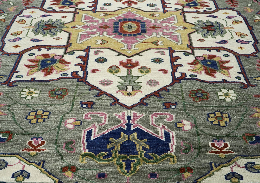 10x14 Ivory, Gray, Rust Color Hand Knotted Oushak Wool  Oriental Rug