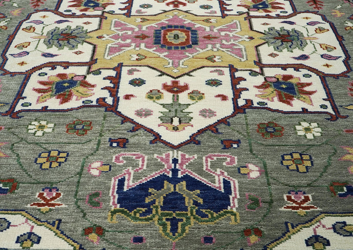 10x14 Ivory, Gray, Rust Color Hand Knotted Oushak Wool  Oriental Rug