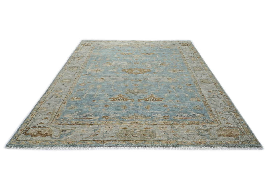 9x12 Blue, Gray, Brown Color Hand Knotted Oushak Wool Transitional Oriental Rug