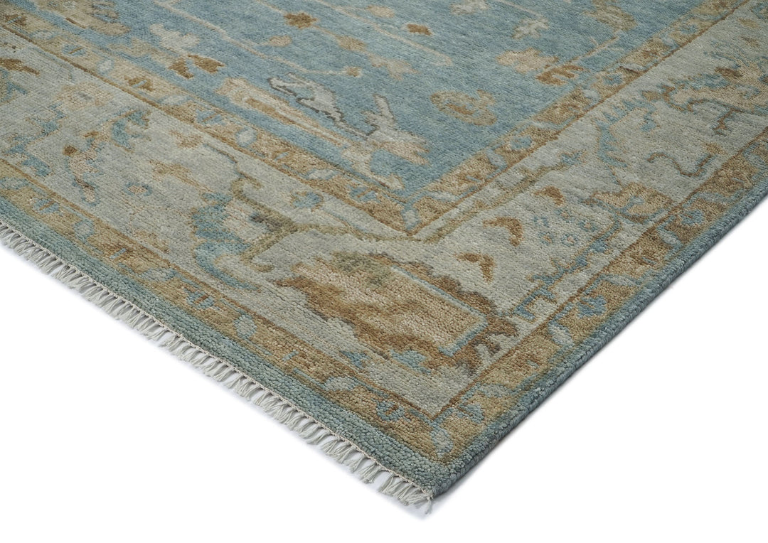 9x12 Blue, Gray, Brown Color Hand Knotted Oushak Wool Transitional Oriental Rug