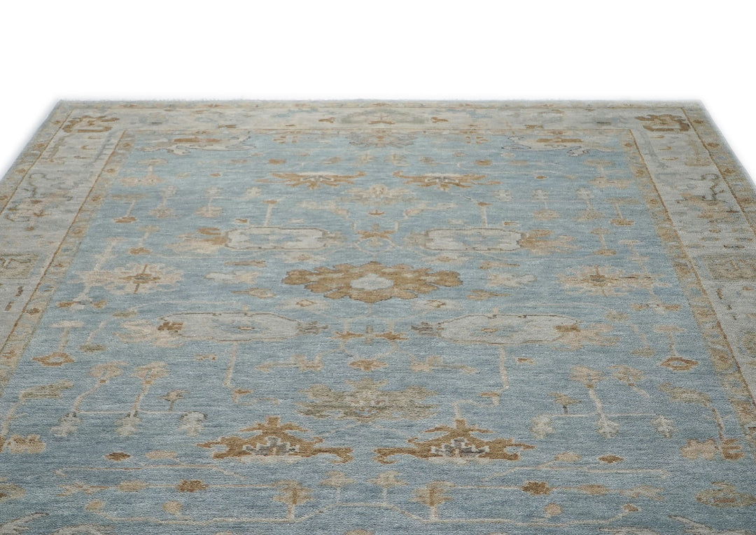 9x12 Blue, Gray, Brown Color Hand Knotted Oushak Wool Transitional Oriental Rug