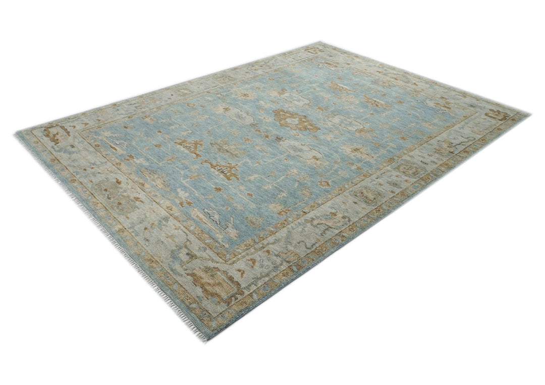 9x12 Blue, Gray, Brown Color Hand Knotted Oushak Wool Transitional Oriental Rug