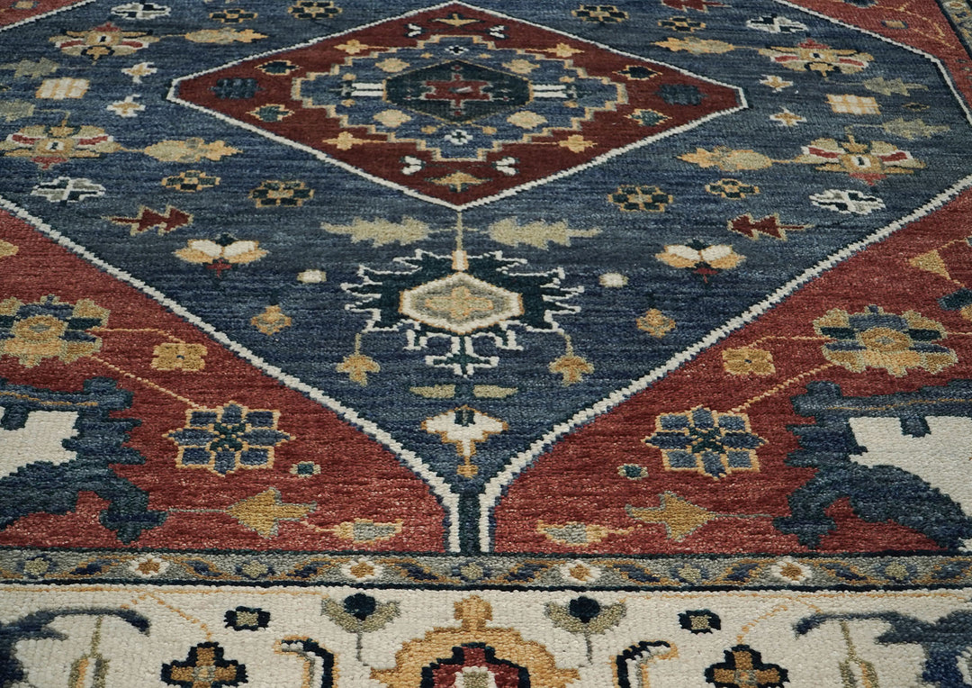 9x12 Blue, Burnt Orange, Brown Color Hand Knotted Oushak Wool Traditional Oriental Rug