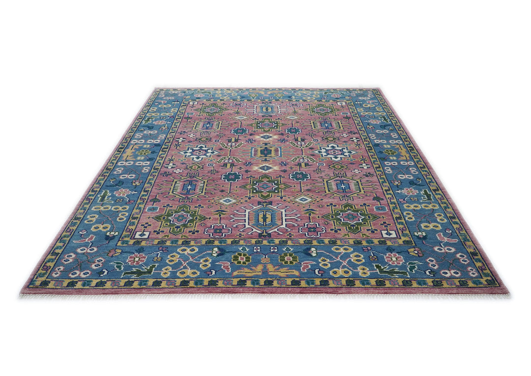 9x12 Pink, Blue, Ivory Color Hand Knotted Oushak Wool  Oriental Rug