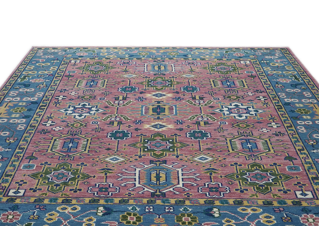 9x12 Pink, Blue, Ivory Color Hand Knotted Oushak Wool Arts and Crafts Oriental Rug